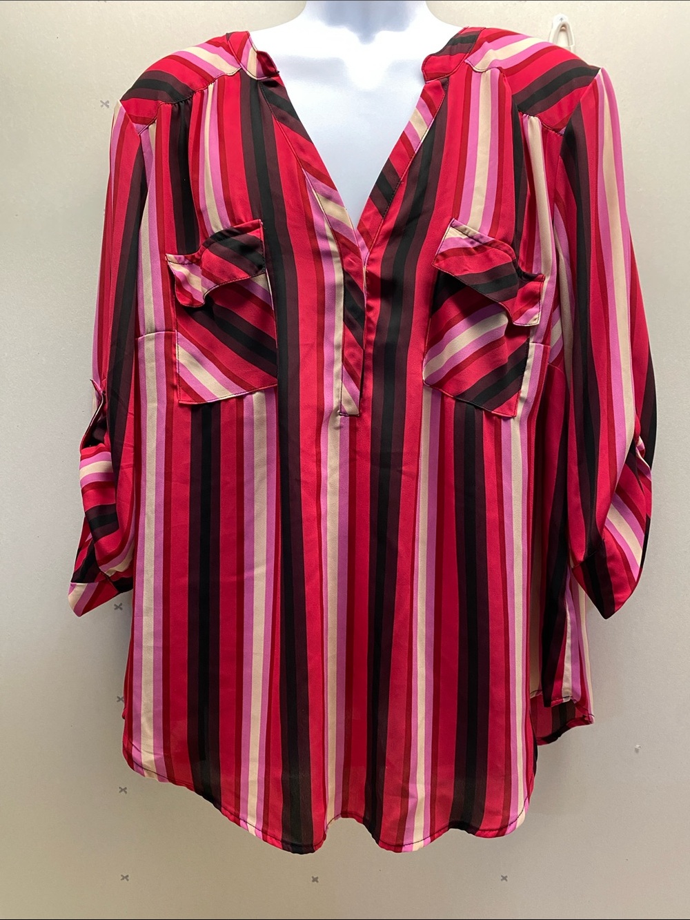 torrid Pink, Black & Cream Vertical Stripe V-Neck Tunic